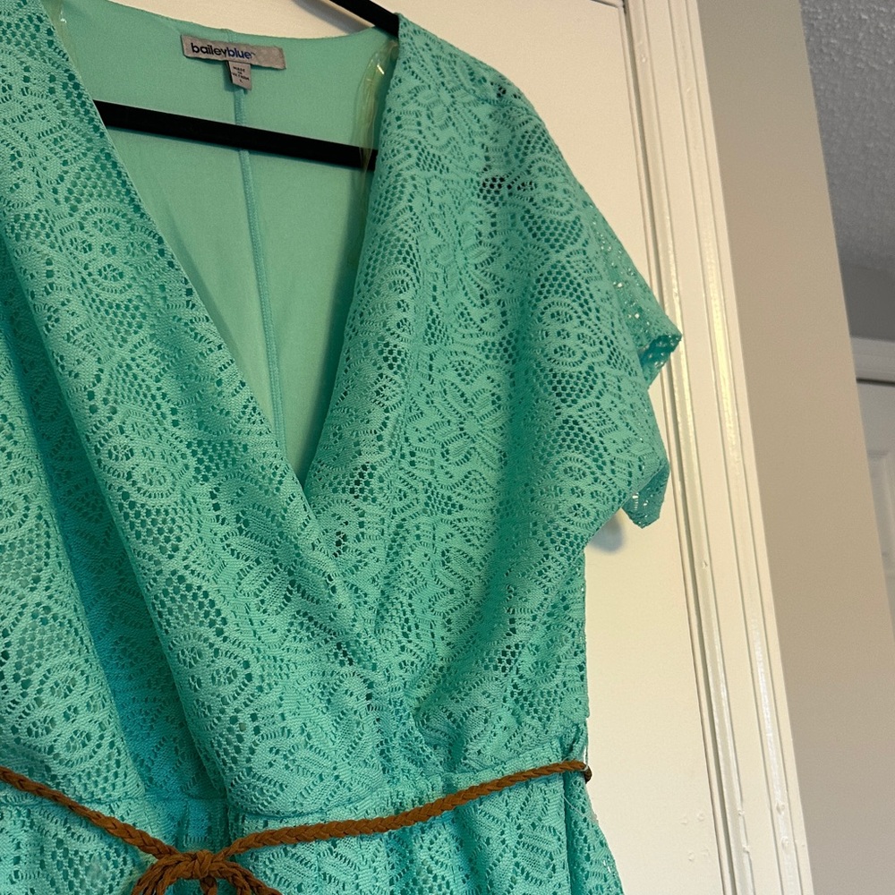 Bailey Blue Mint Lace Boho Romper with Faux Leather Belt - Picture 4 of 11